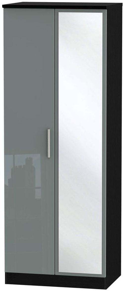 Knightsbridge Grey Gloss and Black 2 Door Tall Wardrobe - 1 Mirror