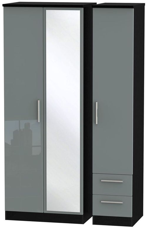 Knightsbridge Grey Gloss and Black 3 Door Tall Combi Wardrobe - 1 Mirror and RHF 2 Drawers