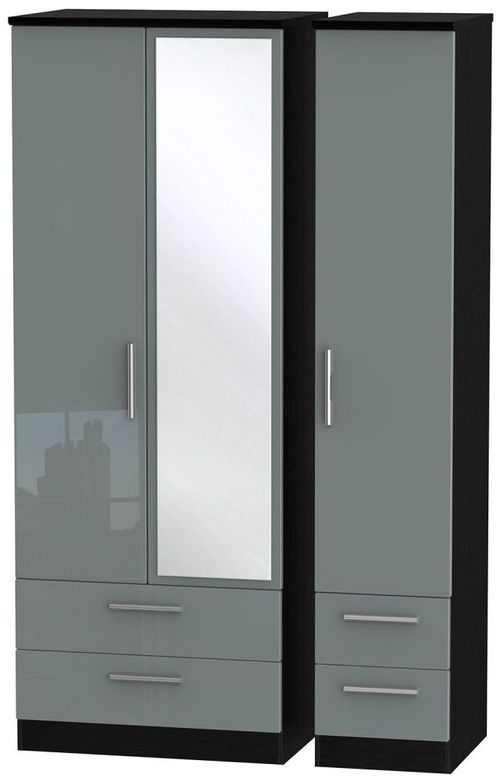 Knightsbridge Grey Gloss and Black 3 Door Tall Combi Wardrobe - 1 Mirror