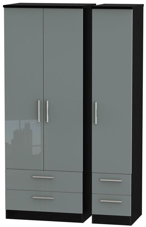 Knightsbridge Grey Gloss and Black 3 Door Tall Triple Wardrobe - 4 Drawers