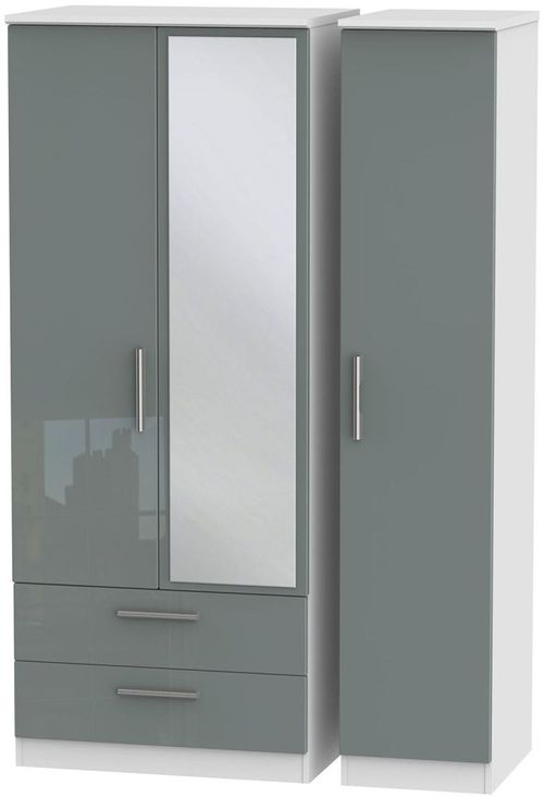 Knightsbridge Grey Gloss and White 3 Door Combi Wardrobe - 1 Mirror and LHF 2 Drawers