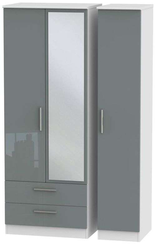 Knightsbridge Grey Gloss and White 3 Door Tall Combi Wardrobe - 1 Mirror and LHF 2 Drawers