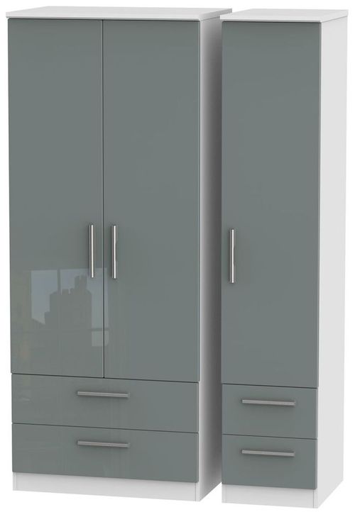 Knightsbridge Grey Gloss and White 3 Door Triple Wardrobe - 4 Drawers