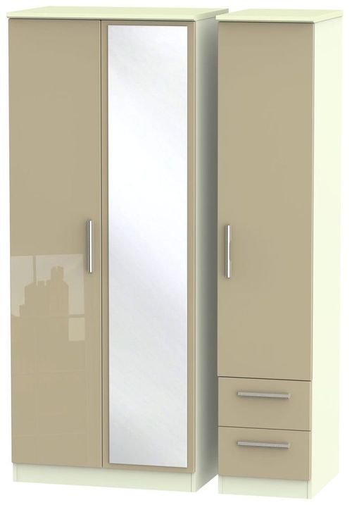 Knightsbridge Mushroom and Cream 3 Door Combi Wardrobe - 1 Mirror and RHF 2 Drawers