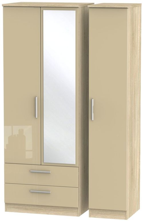 Knightsbridge Mushroom and Oak Effect 3 Door Tall Combi Wardrobe - 1 Mirror and LHF 2 Drawers