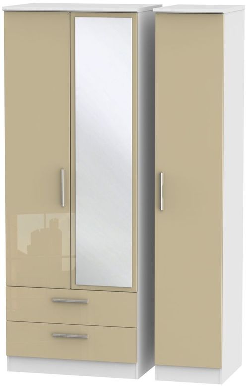 Knightsbridge Mushroom and White 3 Door Tall Combi Wardrobe - 1 Mirror and LHF 2 Drawers