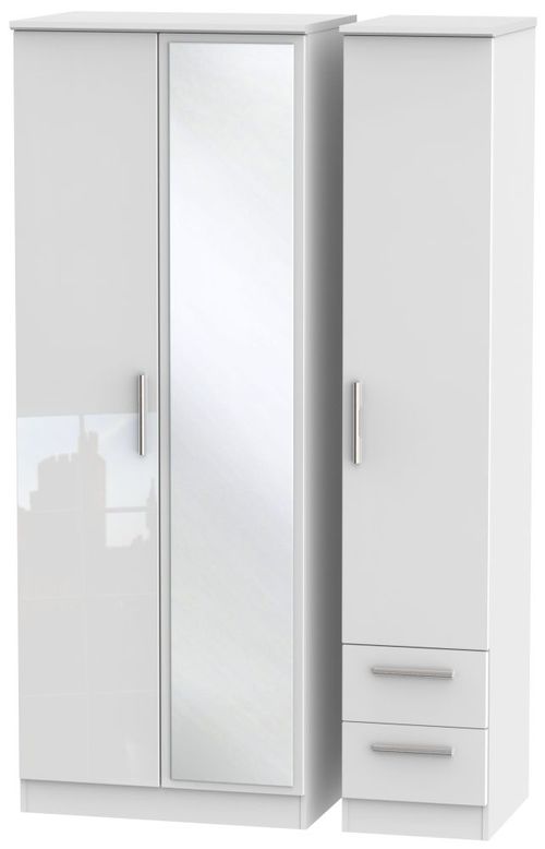 Knightsbridge White Gloss 3 Door Tall Combi Wardrobe - 1 Mirror and RHF 2 Drawers