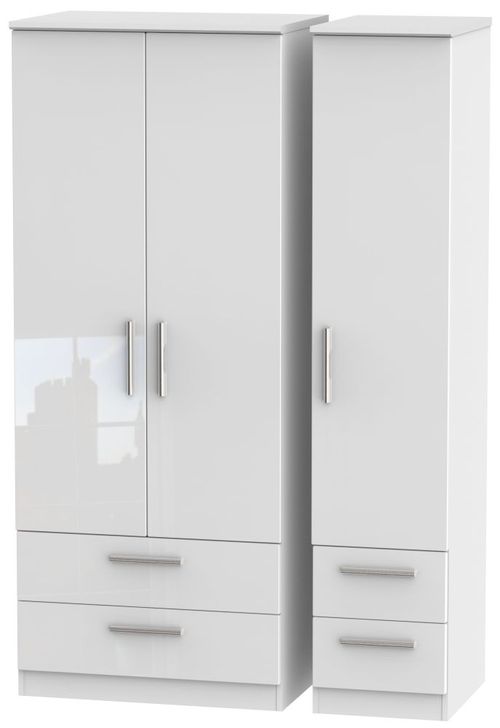 Knightsbridge White Gloss 3 Door Triple Wardrobe - 4 Drawers