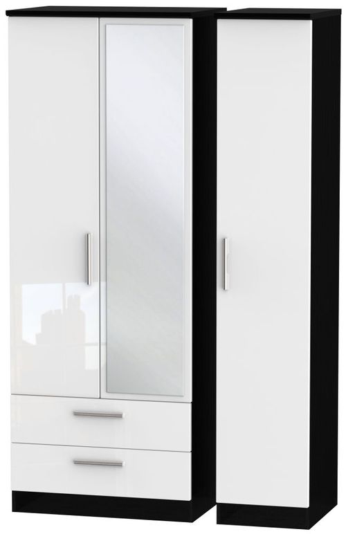 Knightsbridge White Gloss and Black 3 Door Tall Combi Wardrobe - 1 Mirror and LHF 2 Drawers