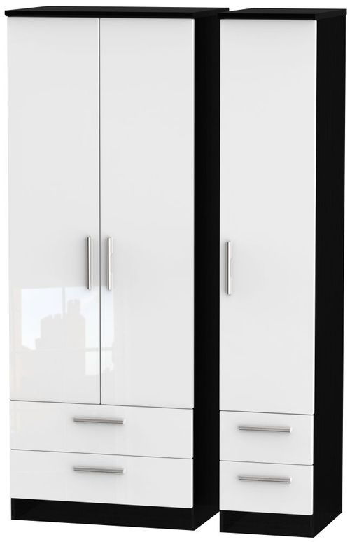 Knightsbridge White Gloss and Black 3 Door Tall Triple Wardrobe - 4 Drawers