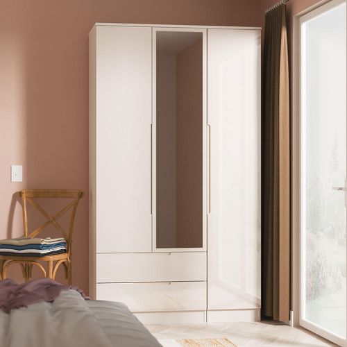 Milan Cashmere Gloss 3 Door Tall Combi Wardrobe - 1 Mirror and LHF 2 Drawers