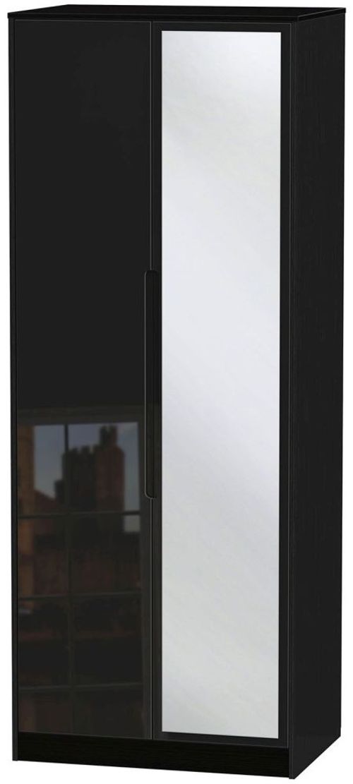 Monaco Black Gloss 2 Door Tall Wardrobe - 1 Mirror