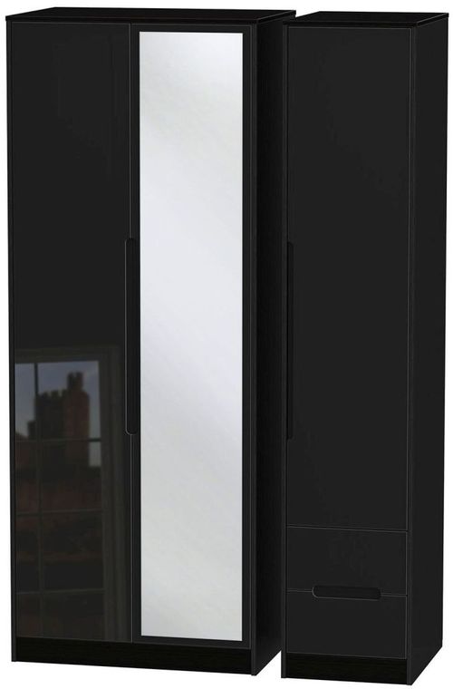 Monaco Black Gloss 3 Door Tall Combi Wardrobe - 1 Mirror and RHF 2 Drawers
