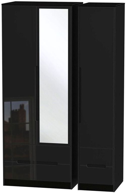 Monaco Black Gloss 3 Door Tall Combi Wardrobe - 1 Mirror