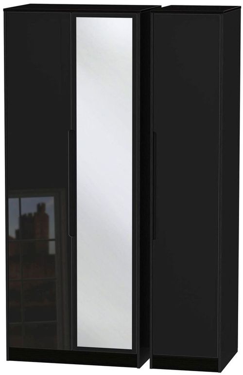 Monaco Black Gloss 3 Door Tall Triple Wardrobe - 1 Mirror