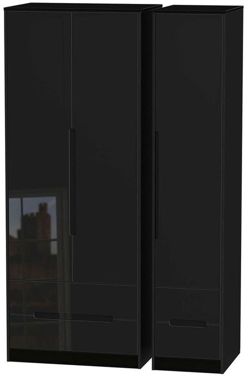 Monaco Black Gloss 3 Door Tall Triple Wardrobe - 4 Drawers