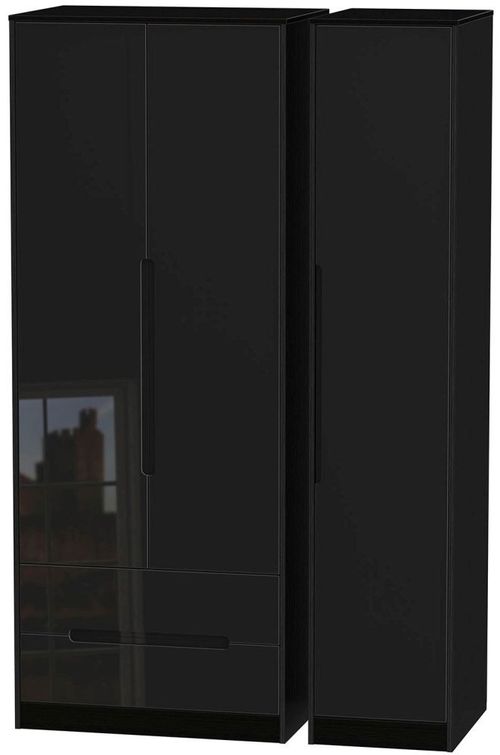 Monaco Black Gloss 3 Door Tall Triple Wardrobe - LHF 2 Drawers