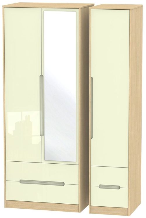 Monaco Cream Gloss and Light Oak 3 Door Tall Combi Wardrobe - 1 Mirror