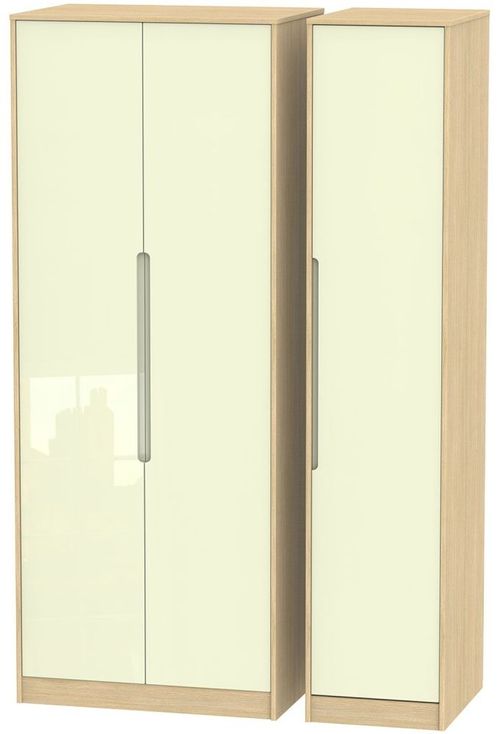 Monaco Cream Gloss and Light Oak 3 Door Tall Triple Wardrobe