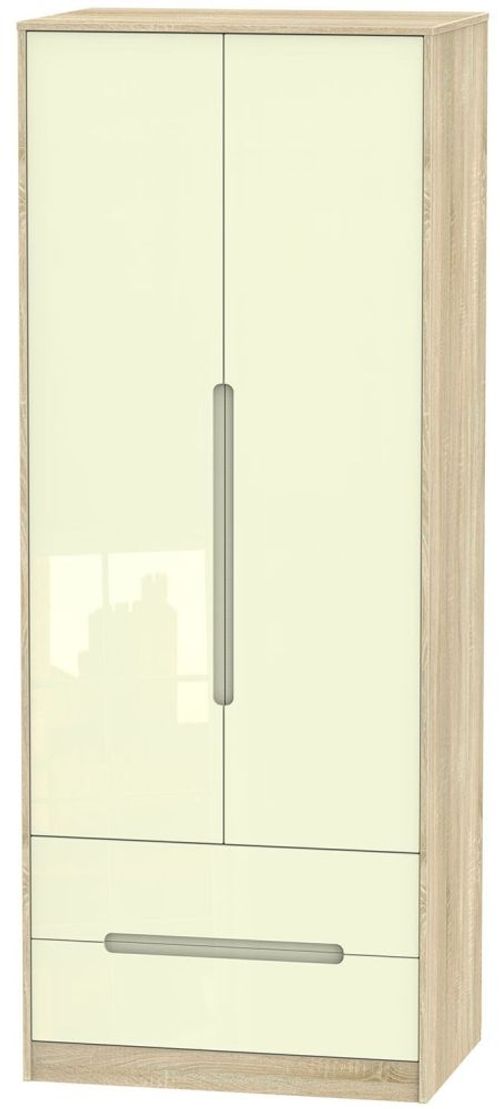 Monaco Cream Gloss and Oak Effect 2 Door 2 Drawer Tall Wardrobe