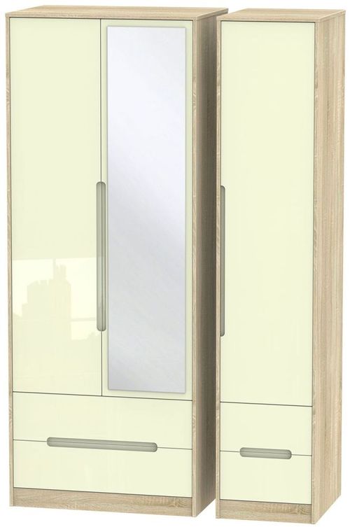 Monaco Cream Gloss and Oak Effect 3 Door Tall Combi Wardrobe - 1 Mirror