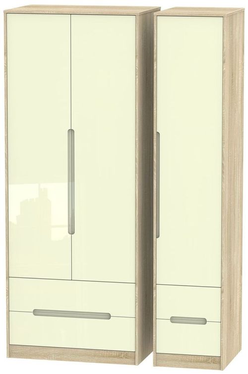 Monaco Cream Gloss and Oak Effect 3 Door Tall Triple Wardrobe - 4 Drawers