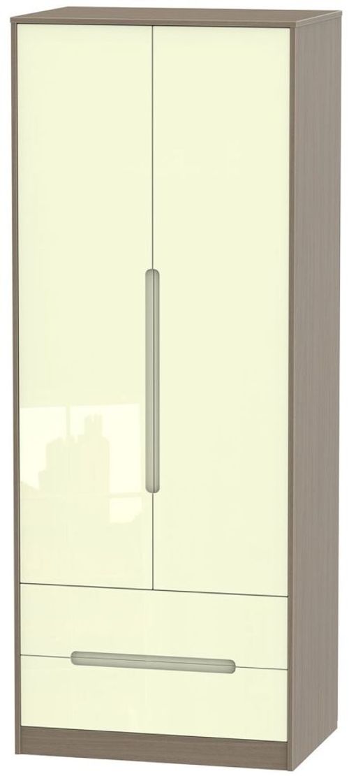 Monaco Cream Gloss and Toronto Walnut 2 Door 2 Drawer Tall Wardrobe