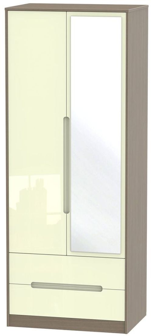 Monaco Cream Gloss and Toronto Walnut 2 Door Tall Combi Wardrobe - 1 Mirror