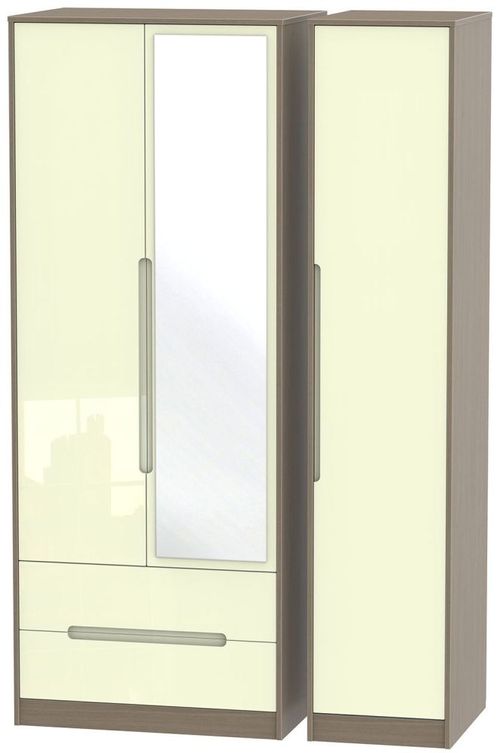 Monaco Cream Gloss and Toronto Walnut 3 Door Tall Combi Wardrobe - 1 Mirror and LHF 2 Drawers