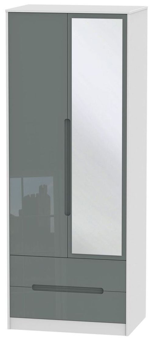 Monaco Grey Gloss and White 2 Door Tall Combi Wardrobe - 1 Mirror