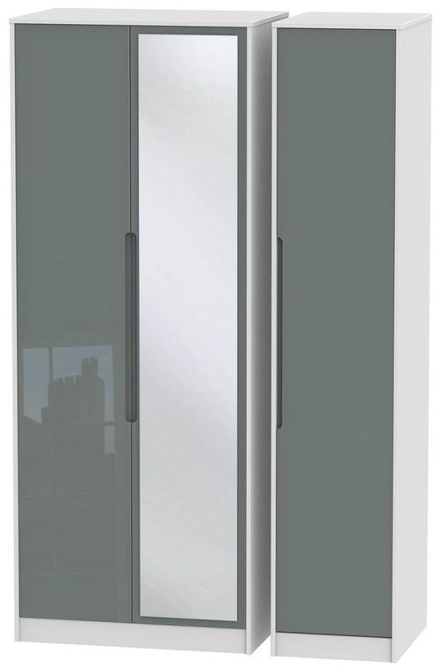 Monaco Grey Gloss and White 3 Door Tall Triple Wardrobe - 1 Mirror