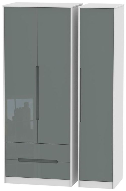 Monaco Grey Gloss and White 3 Door Tall Triple Wardrobe - LHF 2 Drawers