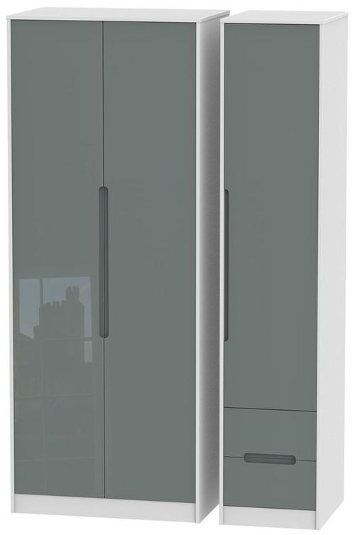 Monaco Grey Gloss and White 3 Door Tall Triple Wardrobe - RHF 2 Drawers