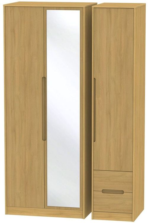 Monaco Modern Oak 3 Door Tall Combi Wardrobe - 1 Mirror and RHF 2 Drawers