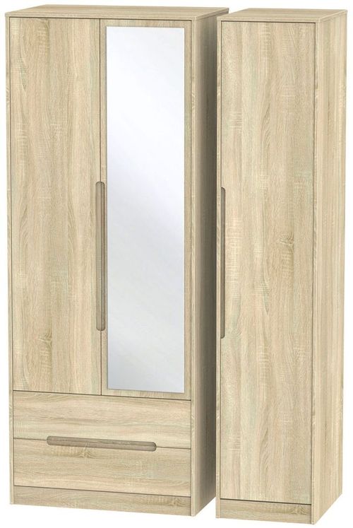 Monaco Oak Effect 3 Door Tall Combi Wardrobe - 1 Mirror and LHF 2 Drawers