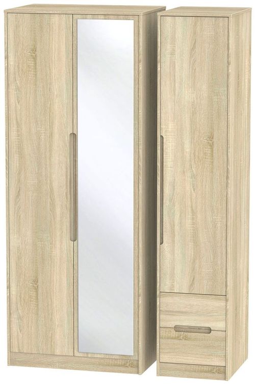 Monaco Oak Effect 3 Door Tall Combi Wardrobe - 1 Mirror and RHF 2 Drawers