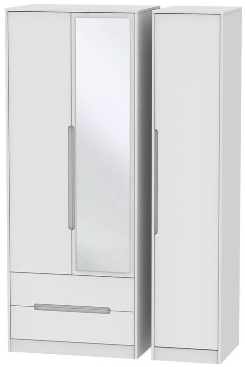 Monaco White 3 Door Tall Combi Wardrobe - 1 Mirror and LHF 2 Drawers