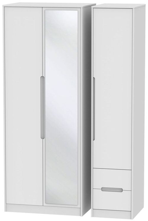 Monaco White 3 Door Tall Combi Wardrobe - 1 Mirror and RHF 2 Drawers
