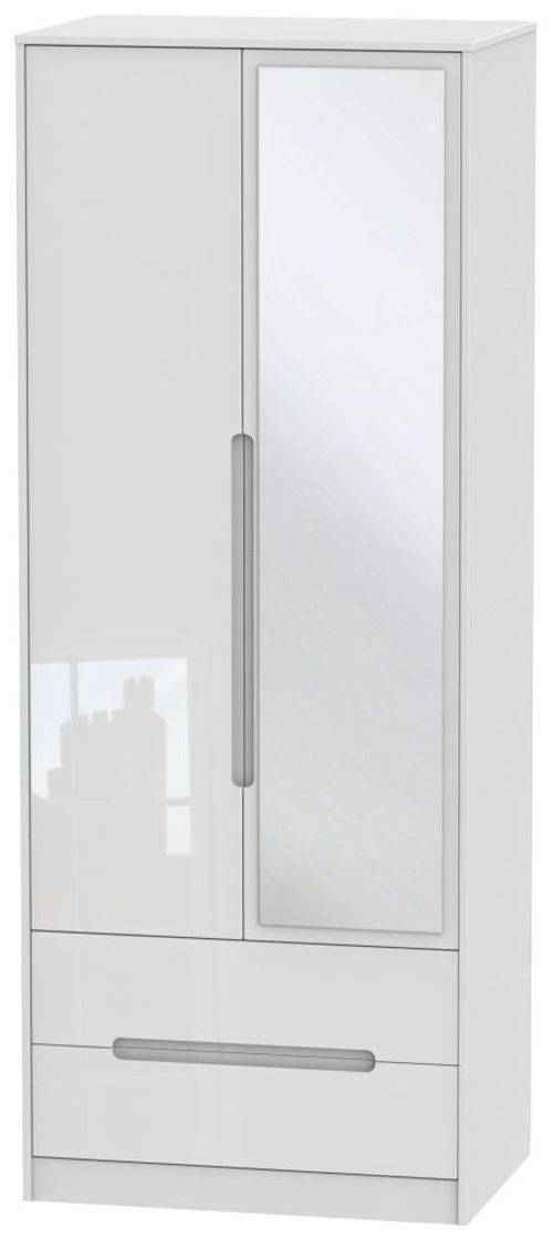 Monaco White Gloss 2 Door Tall Combi Wardrobe - 1 Mirror