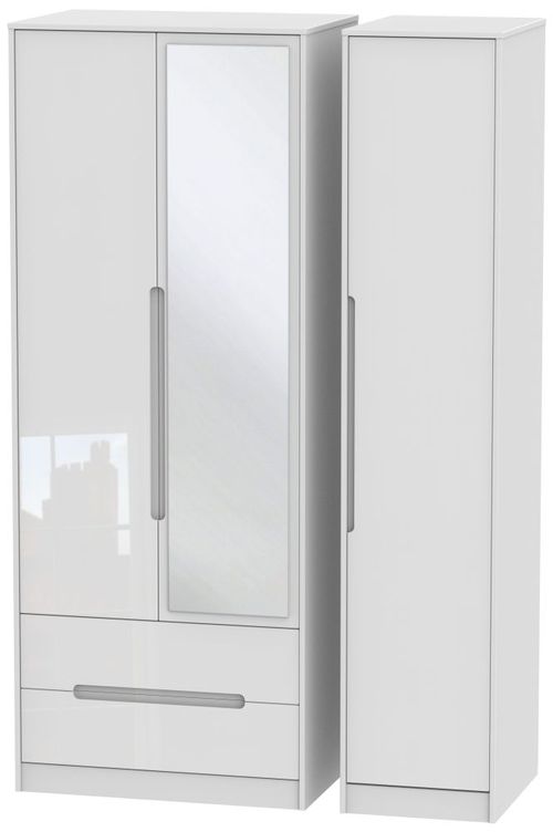 Monaco White Gloss 3 Door Tall Combi Wardrobe - 1 Mirror and LHF 2 Drawers