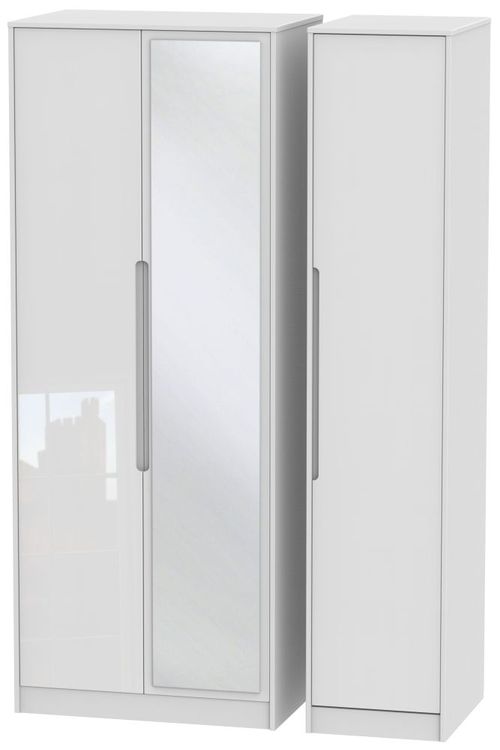Monaco White Gloss 3 Door Tall Triple Wardrobe - 1 Mirror