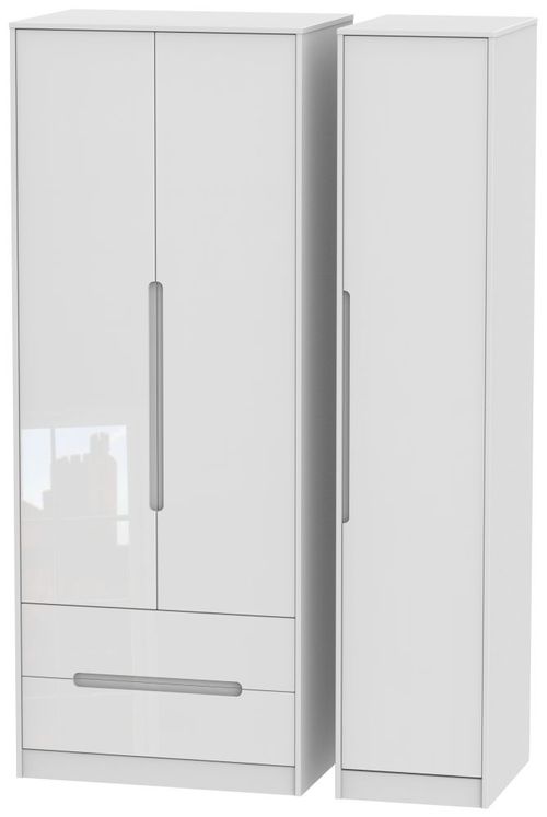 Monaco White Gloss 3 Door Tall Triple Wardrobe - LHF 2 Drawers