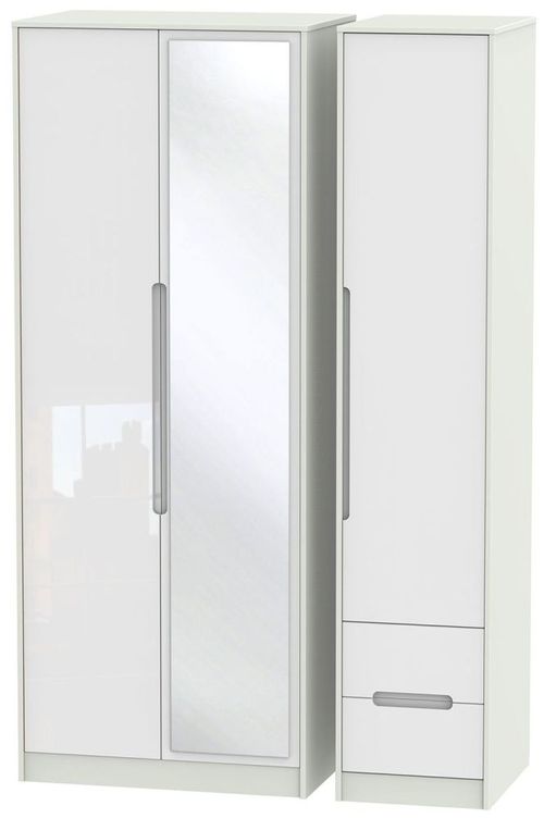 Monaco White Gloss and Cashmere 3 Door Tall Combi Wardrobe - 1 Mirror and RHF 2 Drawers