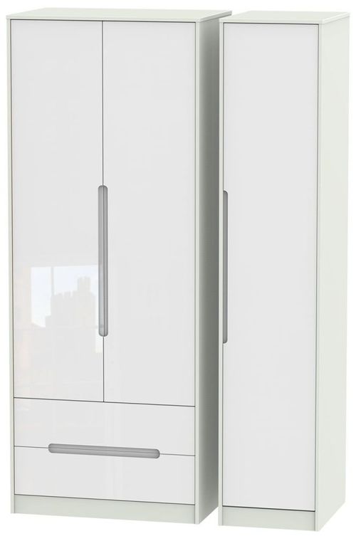 Monaco White Gloss and Cashmere 3 Door Tall Triple Wardrobe - LHF 2 Drawers