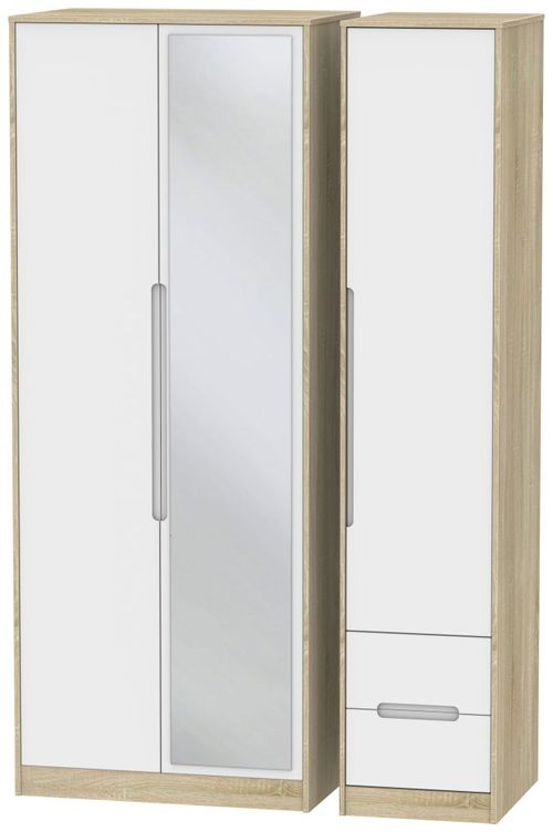 Monaco White Matt and Oak Effect 3 Door Tall Combi Wardrobe - 1 Mirror and RHF 2 Drawers