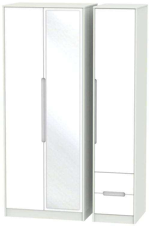 Monaco White and Cashmere 3 Door Tall Combi Wardrobe - 1 Mirror and RHF 2 Drawers
