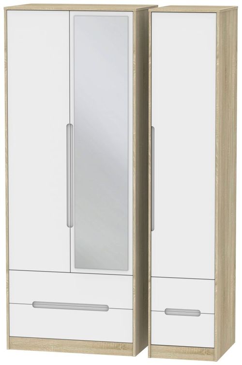 Monaco White and Oak Effect 3 Door Tall Combi Wardrobe - 1 Mirror