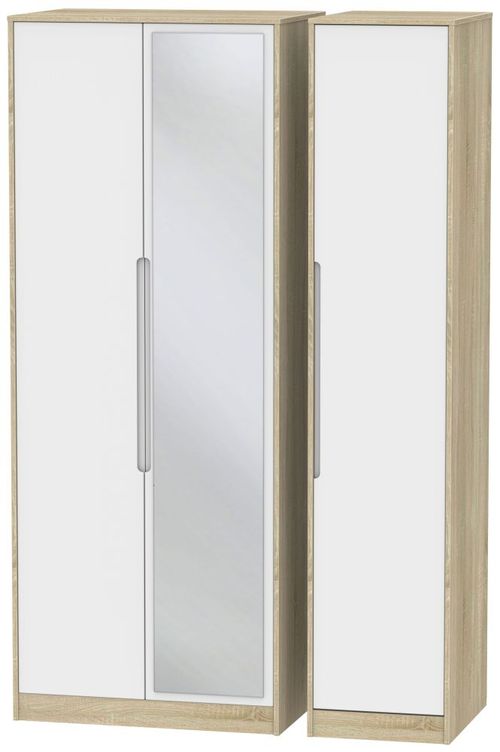 Monaco White and Oak Effect 3 Door Tall Triple Wardrobe - 1 Mirror