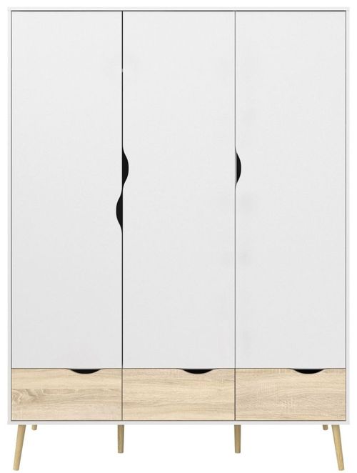 Oslo White and Oak Effect 3 Door 3 Drawer Wardrobe