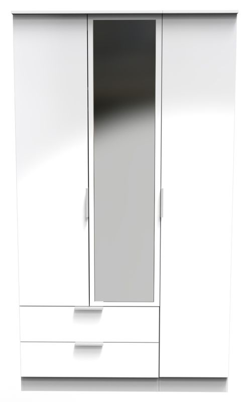 Plymouth White Gloss 3 Door Tall Combi Wardrobe - 1 Mirror and LHF 2 Drawers